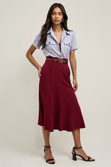 Burgundy 2-Piece Lapel Neck Work Dress with Belt
